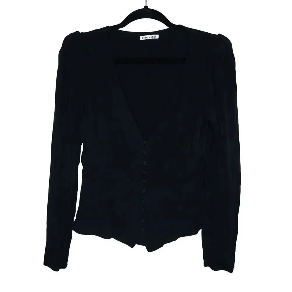 Reformation Nell Top Black Puff Sleeve Button Front Blouse V-Neck SZ S